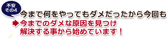 不安その4・今まで何をやってもダメだったから今回も→今までのダメな原因を見つけ解決する事から始めています! 不安その4・今まで何をやってもダメだったから今回も→今までのダメな原因を見つけ解決する事から始めています!